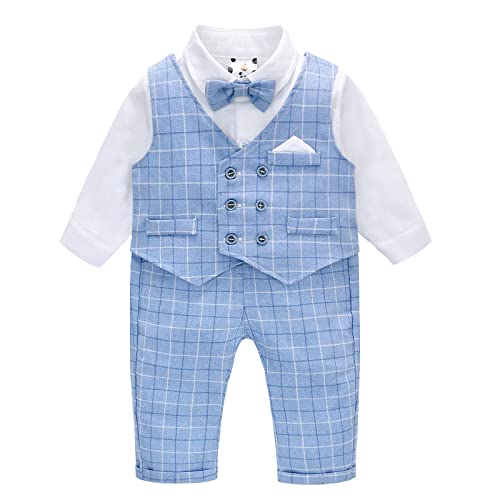 Famuka Baby Junge Anzug Set Kinder Smoking Hochzeit Taufe Bekleidungsset Hemd+Weste+Hose+Fliege (Blau, 18M) von Famuka