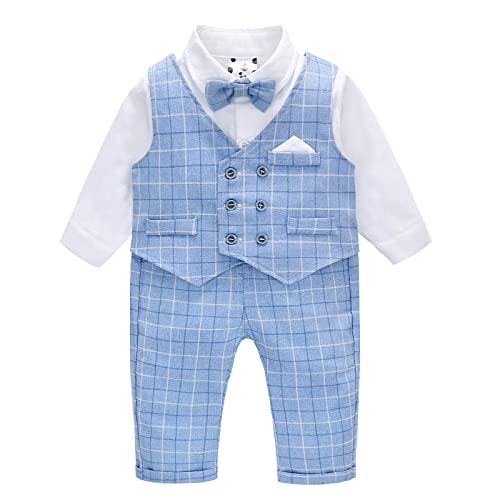 Famuka Baby Junge Anzug Set Kinder Smoking Hochzeit Taufe Bekleidungsset Hemd+Weste+Hose+Fliege (Blau, 3T) von Famuka