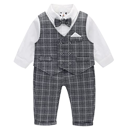 Famuka Baby Junge Anzug Set Kinder Smoking Hochzeit Taufe Bekleidungsset Hemd+Weste+Hose+Fliege (Grau, 3T) von Famuka
