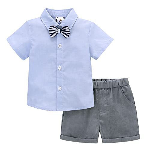 Famuka Baby Junge Anzug Set Sommer Kurzarm Smoking Hochzeit Geburtstag Outfit Fotoshooting Babykleidung (Blau, 3T) von Famuka