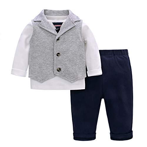 Famuka Baby Junge Anzug Smoking Festanzug Hochzeit Geburtstag Babykleidungset Hemd + Weste + Hose (Grau, 80, 9 Monate) von Famuka