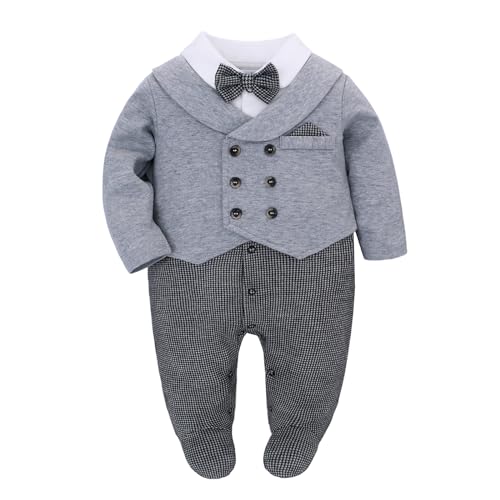 Famuka Baby Jungen Strampler Baby Smoking Anzug Spieler Taufe Hochzeit Partei Outfit Fotoshooting Babykleidung (Grau, 12M) von Famuka