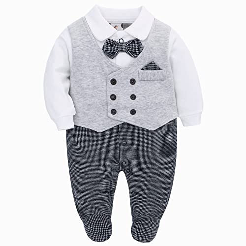 Famuka Baby Strampler Baby Jungen Smoking Anzug Spieler Taufe Hochzeit Partei Outfit Fotoshooting Babykleidung (Grau, 12M) von Famuka