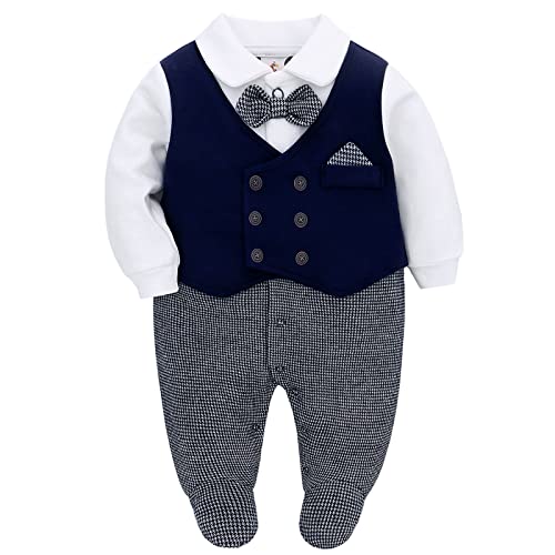 Famuka Baby Strampler Baby Jungen Smoking Anzug Spieler Taufe Hochzeit Partei Outfit Fotoshooting Babykleidung (Marine, 3M) von Famuka