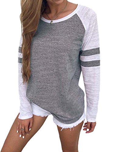 Damen Streifen Langarmshirt Tops Elegant Lose Baseball T-Shirt Sweatshirt Bluse (40, Grau) von Famulily