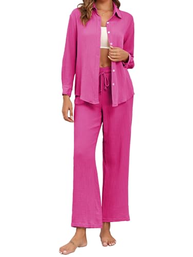 Famulily 2 Teiler Damen Elegant Lang Damen Hausanzug 100 Baumwolle Heißes Rosa L von Famulily