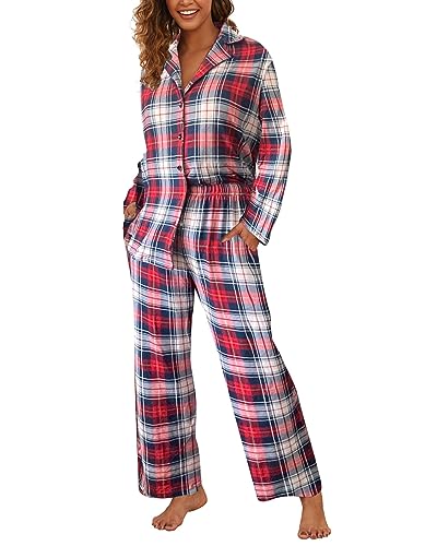 Famulily 2-teilige Outfits für Frauen V-Ausschnitt Langarm Tops Plaid Breites Bein Lange Hosen Winter Matching Sets Rot L von Famulily