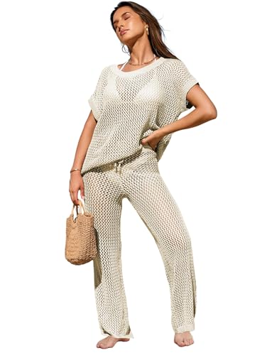 Famulily 2-teiliges Damen-Strick-Outfit, gehäkelt, mit kurzen Ärmeln und langen Hosen, Beige, Small von Famulily