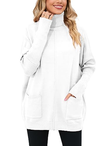 Famulily 2023 Rolli Damen Langarm Bequem Rollkragenpullover mit Taschen Weiß L von Famulily