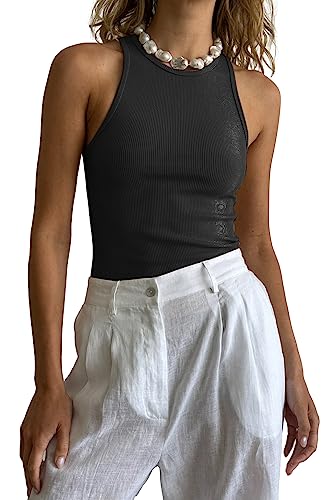 Famulily Basic Crop Top Damen Sportlich Geripptes Tank Top äRmellose Shirts Schwarz L von Famulily