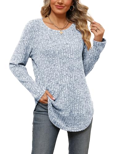 Famulily Basic Dünn Pullover Damen Winter Herbst Elegant Rundhals Locker Modern Schick Trend Günstig Shirt Langarm Hellblau L von Famulily