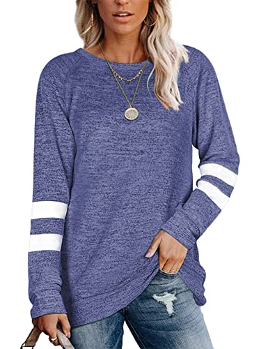 Famulily Basic Langarmshirt Damen Baumwolle Basic Rundhalsausschnitt Polular Weichen Dünnen Pullover Sweatshirt Lange Winter Herbst Oberteil Mit Gestreiften Dunkelblau S von Famulily