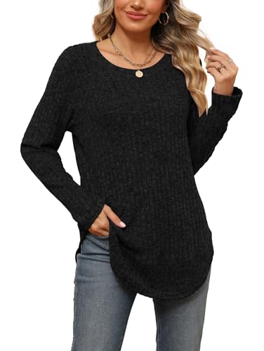 Famulily Basic Langarmshirt Damen Elegant Rundhals Stretch Warm Herbst Winter Lang Locker Uni Pullover Lang Schwarz 2XL von Famulily