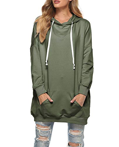 Famulily Basic Long Hoody mit Kapuze Bequem Winterpullover Damen Warm Lang Umstandspullover Armygrun M von Famulily