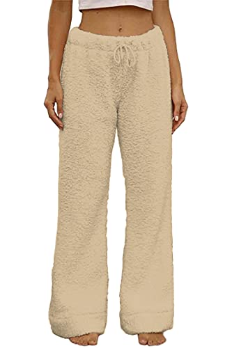 Famulily Bequem Lang Pyjama hosen Damen Winter Warm Flauschig Sherpa Lounge Hose Dick Kuschel Hose Elegant Beige S von Famulily