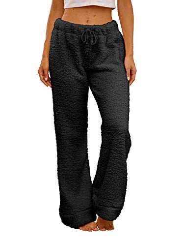 Famulily Bequem Schlafhose Frauen Winter Lang PlüSch Teddy Fleece Haushose mit Elastische Taille Schwarz XL von Famulily
