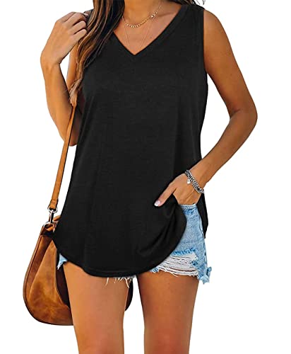 Famulily Bequem Tops für Damen Elegant Ärmellose Bluse Damen Lang Tunika Damen Sommer Baumwolle Schwarz 2XL von Famulily