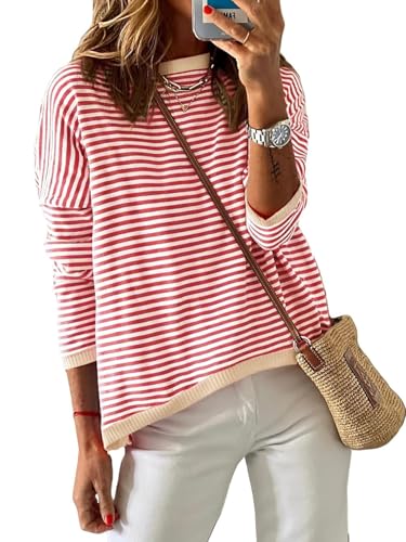 Famulily Bequeme gestreifte Herbst Pullover für Frauen Winter Pullover Kleidung Tops Rundhals Langarm Pullover (L, Rot) von Famulily