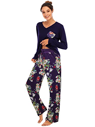 Famulily Bequemer Damen-Pyjama, Set, Blumendruck, langärmelig, Loungewear, Oberteil und Hose mit weitem Bein, weiche Nachtwäsche, navy, 46 von Famulily