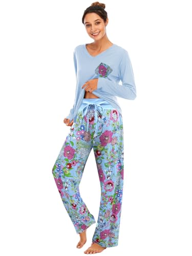 Famulily Bequemer Damen-Pyjama, Set, Blumendruck, langärmelig, Loungewear, Oberteil und Hose mit weitem Bein, weiche Nachtwäsche, Farbe: Blau, 42 von Famulily