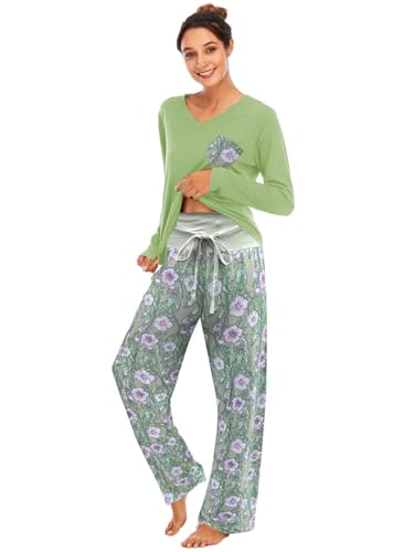 Famulily Bequemer Damen-Pyjama, Set, Blumendruck, langärmelig, Loungewear, Oberteil und Hose mit weitem Bein, weiche Nachtwäsche, #Grün, 38 von Famulily