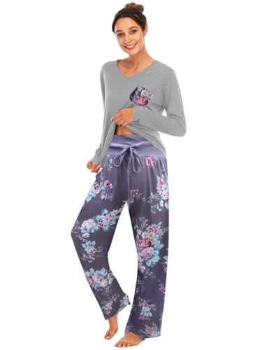 Famulily Bequemer Damen-Pyjama, Set, Blumendruck, langärmelig, Loungewear, Oberteil und Hose mit weitem Bein, weiche Nachtwäsche, grau, 38 von Famulily