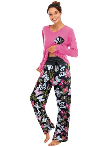 Famulily Bequemer Damen-Pyjama, Set, Blumendruck, langärmelig, Loungewear, Oberteil und Hose mit weitem Bein, weiche Nachtwäsche, hot pink, 46 von Famulily