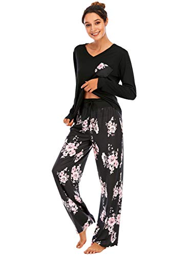 Famulily Schlafanzüge für Damen Pyjama Baumwolle Lang Pyjama Set Nachtwäsche Zweiteiliger Lang Hose und Tops Weich Damen Lounge Sets,Schwarz,L von Famulily