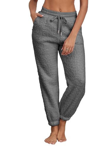 Famulily Bequeme Lounge Hose Damen Fleece Thermohose Winter Gefüttert Gummizug Lang Sweatpants Sport Grau S von Famulily