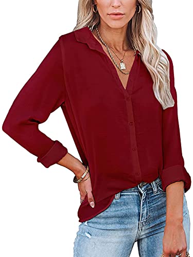 Famulily Button Down Shirt Women Knitterfreie Bluse V Ausschnitt Oberteil Winerot XL von Famulily