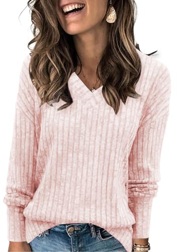 Famulily Casual Pullover Damen V Ausschnitt Langarmshirt, Oversize Leichte Strickpullover Elegant Oberteile Herbst (XXL,Rosa) von Famulily
