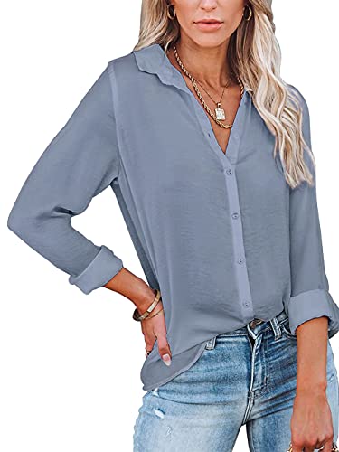 Famulily Chiffon Bluse Damen Elegant Asymmetrisch Hemd Langarm Business Look Grau S von Famulily