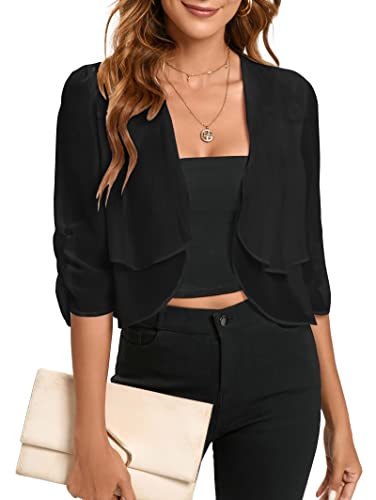 Famulily Chiffon Bolero Schultern für Damen Offene Front Cropped Halbarm Bolero Cardigans Tops für Frauen (L,Schwarz) von Famulily