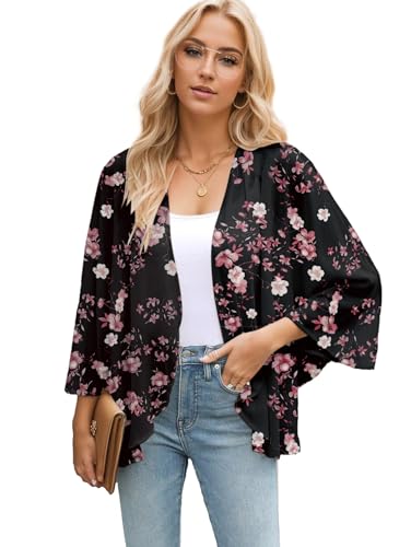 Famulily Chiffon-Kimono-Strickjacken für Damen, lockere Vorderseite, Kimono-Überzug für Damen, Sommer-Oberteil, Schwarz-rosa Blume, 46 von Famulily