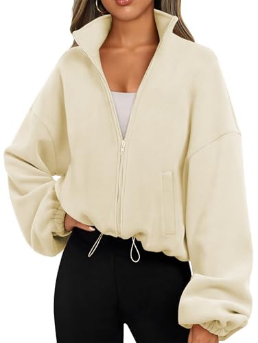 Famulily Crop Sweatshirt für Frauen Basic Zipper Fleece Langarm Tops Casual Outdoor Sport Fitness Hoodies Beige M von Famulily