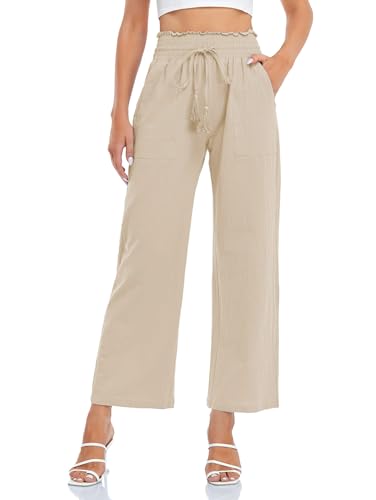 Famulily Culotte Damen Lang Leinen Hose Frau Sommerhose Leicht High Waist Beige 2XL von Famulily