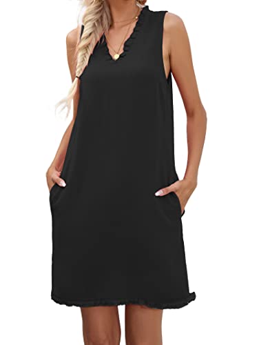 Famulily Damen 2023 Sommerkleider Causal Ärmellos V-Ausschnitt Mini Kurzes Leinenkleid mit Taschen S-XXL, Schwarz , XX-Large von Famulily