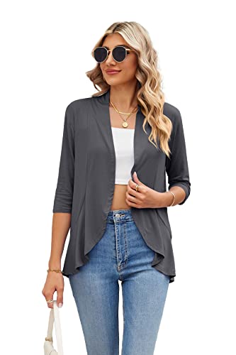Famulily Damen 3/4 Ärmel Sommer Cardigans, leichte drapierte lose Schal Bluse Casual Open Front Rüschen Cardigans, dunkelgrau, XX-Large von Famulily