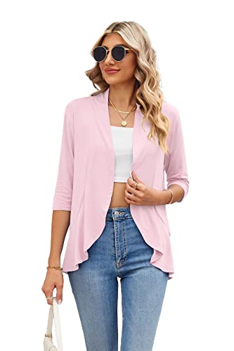 Famulily Damen 3/4 Ärmel Sommer Cardigans, leichte drapierte lose Schal Bluse Casual Open Front Rüschen Cardigans, rose, XL von Famulily