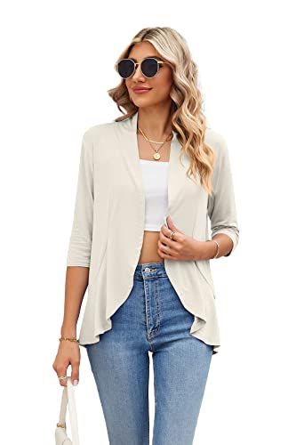 Famulily Damen 3/4 Ärmel drapieren leichte Rüschen Cardigan Pullover Lose Casual Open Front Cardigan Dusters, beige, L von Famulily