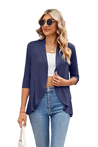 Famulily Damen 3/4 Ärmel drapieren leichte Rüschen Cardigan Pullover Lose Casual Open Front Cardigan Dusters, navy, XX-Large von Famulily