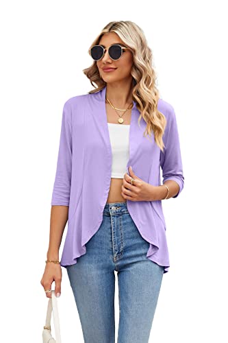 Famulily Damen 3/4 Ärmel Sommer Cardigans, leichte drapierte lose Schal Bluse Casual Open Front Rüschen Cardigans, violett, XX-Large von Famulily