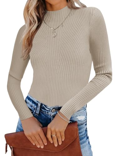 Famulily Damen Basic Mock Turtle Neck Pullover Slim Fit Langarm Pullover Sweater Tops (L, Beige) von Famulily