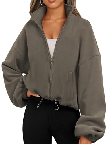 Famulily Damen Basic Sweatshirt ohne Kapuze Zip Kuschelige Tops Einfarbig Langarm Crop Tops Kaffee M von Famulily