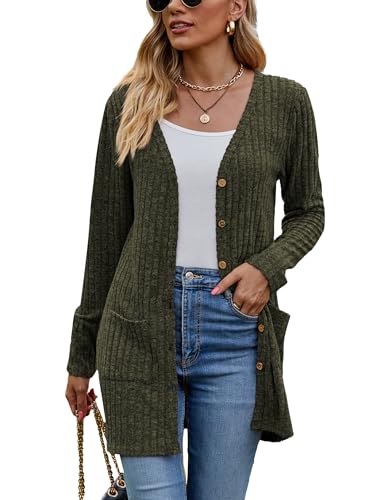 Famulily Damen Cardigans Langarm Open Front Button Down V-Neck Oversized Loose Fitted Sweater Coat (L, Army Green) von Famulily