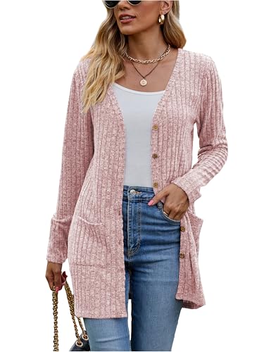 Famulily Damen Cardigans Langarm Open Front Button Down V-Neck Oversized Loose Fitted Sweater Coat (XXL, Rosa) von Famulily