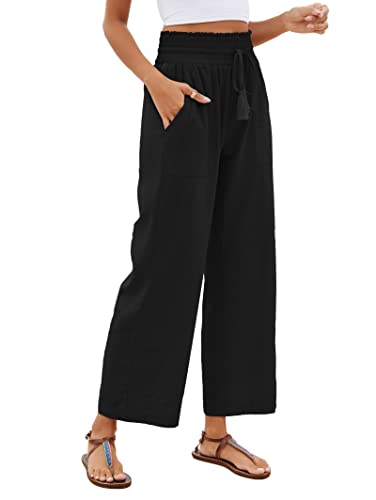 Famulily Damen Casual Baumwolle Leinen Hose Elastische Hohe Taille Lounghose mit Kordelzug Weites Bein Hose mit Taschen, Schwarz , XL von Famulily