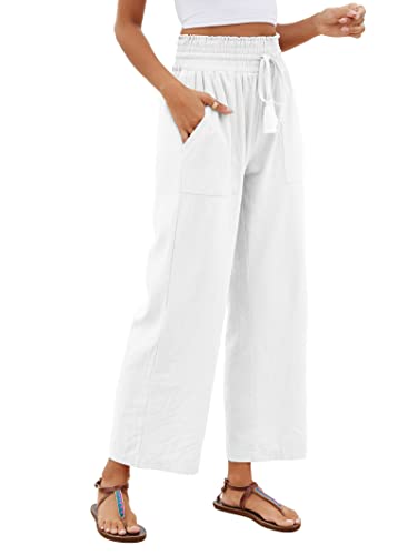 Famulily Damen Casual Baumwolle Leinen Hose Elastische Hohe Taille Lounghose mit Kordelzug Weites Bein Hose mit Taschen, weiß, L von Famulily