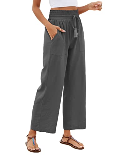 Famulily Damen Casual Baumwolle Leinen Hose Weites Bein Loungehose mit Taschen Elastische Hohe Taille mit Kordelzug Hose, dunkelgrau, M von Famulily