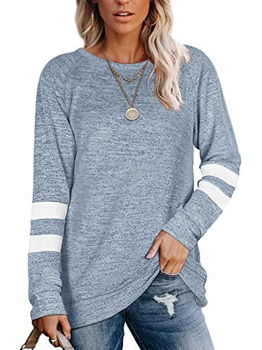 Famulily Damen Casual Gestreift Farbblock Weich Langarm Pullover Tunika Tops S-2XL, #1: Blau, XX-Large von Famulily